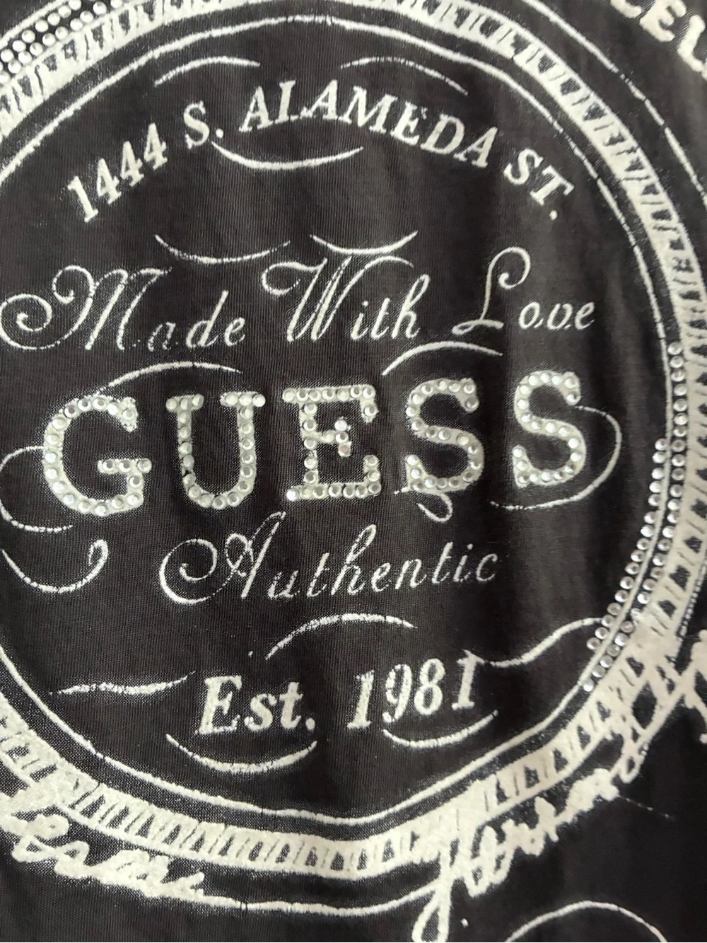 Guess Vintage Y2K 3/4 Sleeve Rhinestone Graphic Cotton Top